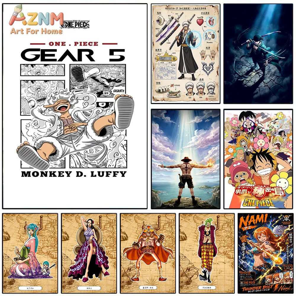 AZNM Lienzo Decorativo de Anime One Piece Gear 5 con Nika Luffy, Zoro, Law, Nami y Robin, Impresión de Manga sin Marco para Decoración de Pared