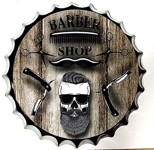 Tin Sign Bottle Cap Metal Tin Sign Barber Shop , Round Metal Signs for Home and Kitchen Bar Cafe Gas Station Garage Retro