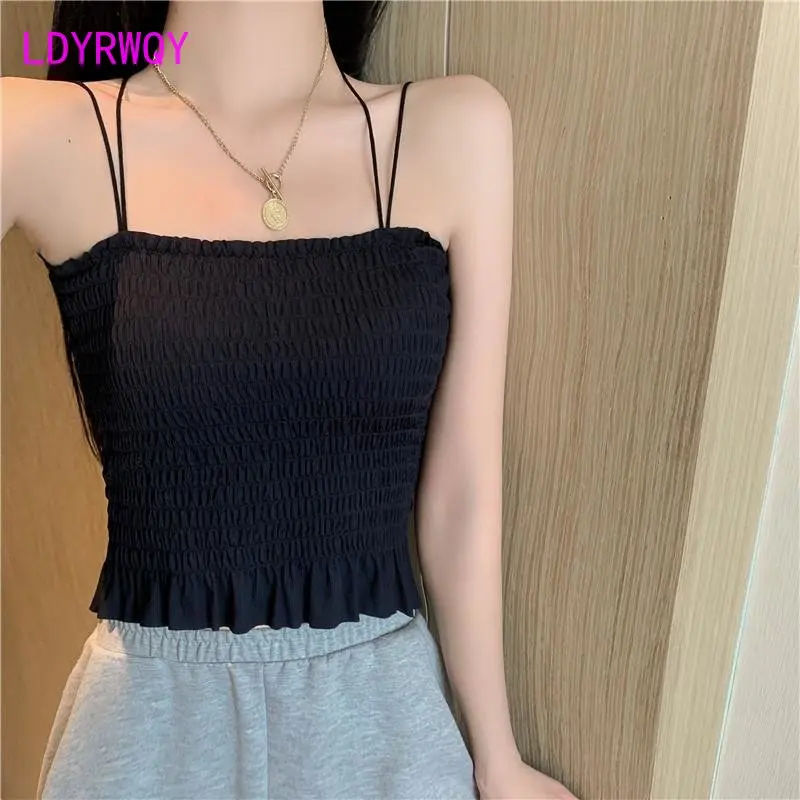 

One-piece collar pleated suspender tank top women's anti-glare integrated chest pad shoulder strap underlay vest camosole Tanks