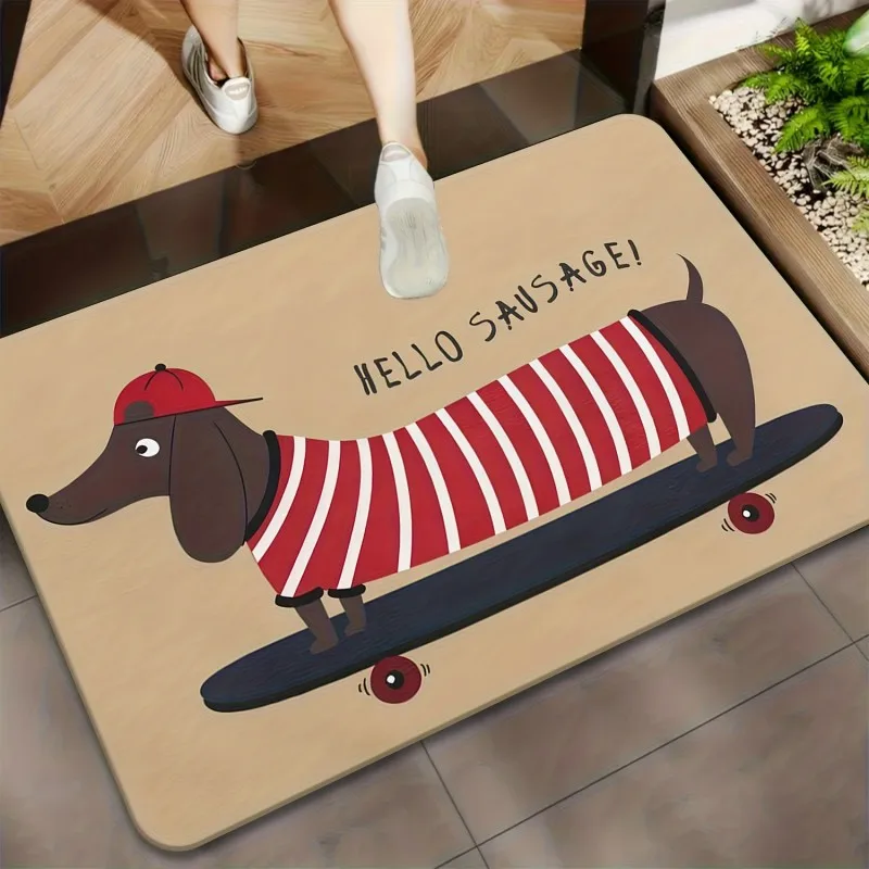Cartoon Long Dachshund Skateboard Hello Sausage Slogan Print Anti Slip Entrance Doormat Pet Dog Lover Entry Floor Mat