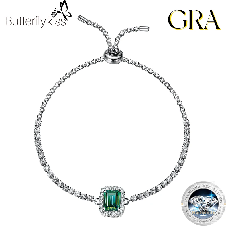 

Butterflykiss New In 1CT Emerald Cut Moissanite Diamond Bracelet For Women Real 925 Sterling Silver Wedding Party Jewelry Gift