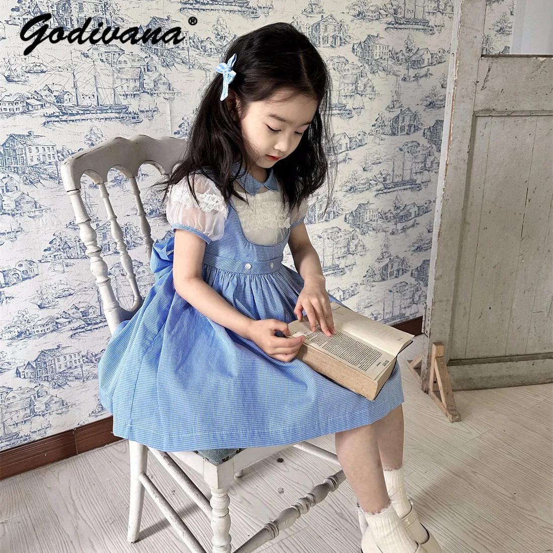 Cute Baby Girls Vintage Gauze Blue Plaid Lace Trimmed Flared Hem Casual Dress Kids Puff Sleeve Back Lace-up Bow Princess Dresses