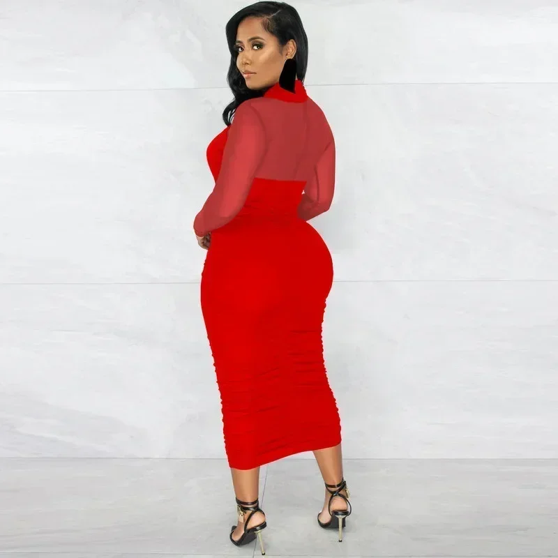 KEXU Cut-Out Crossed Bust Mesh Ruched Midi Dress Fashion Mock Neck Pleated Party Dresses Sexy Mesh Patchwork Night Out Robes