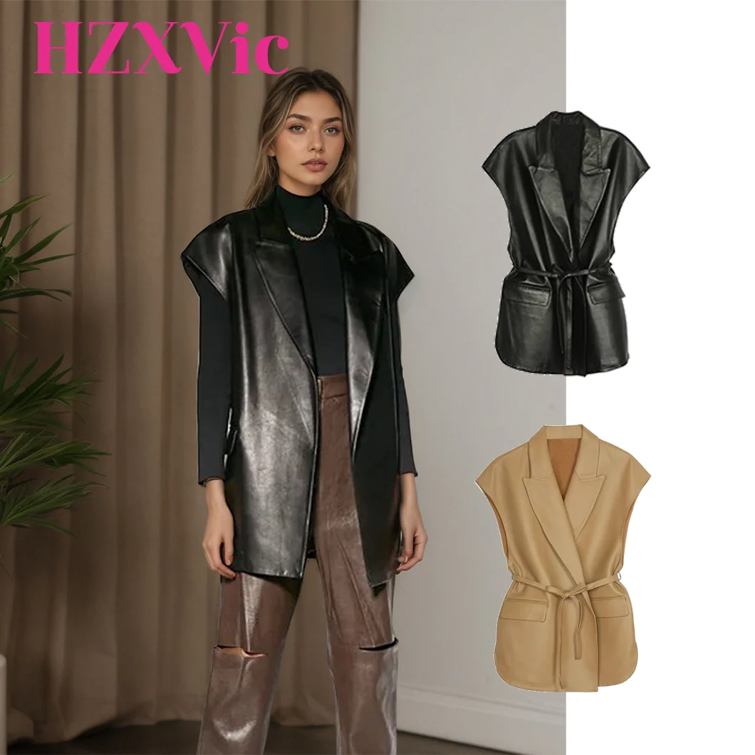 

HZXVic женский кожаный жилет с воротником, кожаный высококачественный кожаный пиджак без рукавов со шнуровкой на талии и двойным карманом