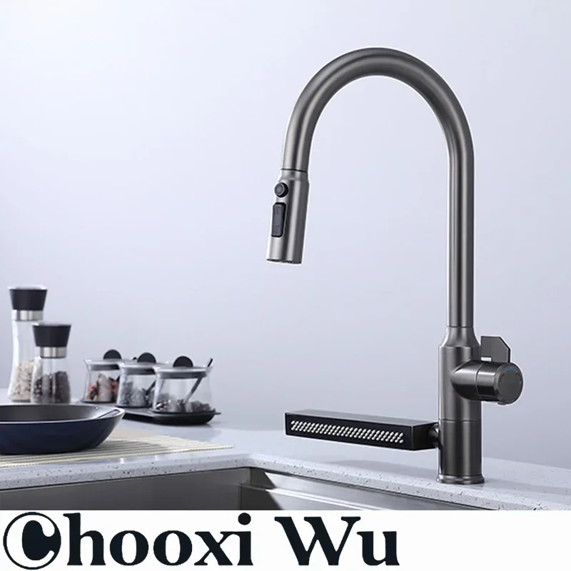 Torneira de cozinha de aço inoxidável 304 com instalação de bancada de pia cascata misturador quente e frio 360 °   Rotação para Cozinha