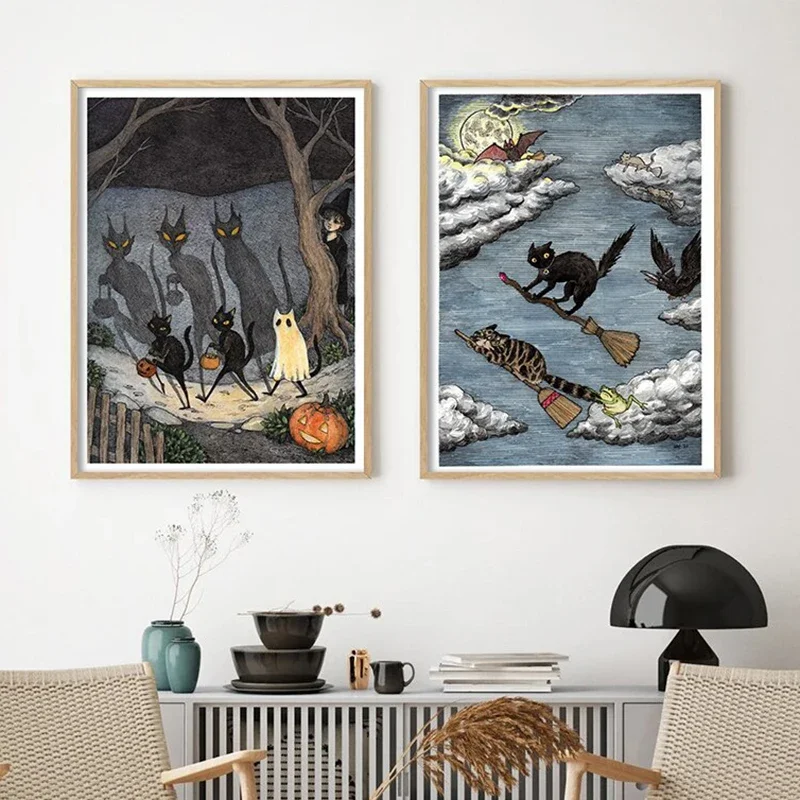 

2D/Flat Frameless The Bad Cat Canvas Painting Halloween Witch Black Cat Wall Art Print for Living Room and Bedroom Decortive