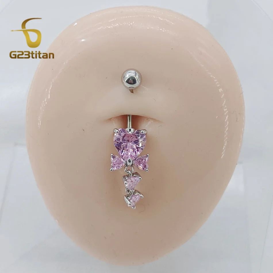 G23Titan Pink Zircon Heart Navel Rings 14G 6-16mm Length Titanium Barbell Belly Button Piercings Ombligo Summer Romantic Jewelry