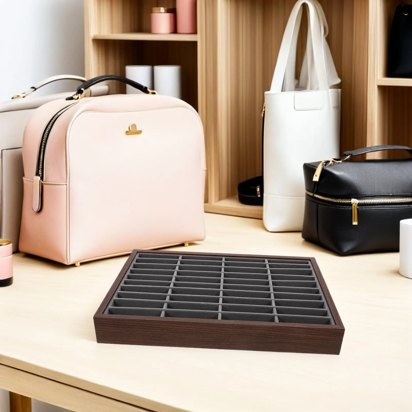 

Wooden Bangle Display Tray 40 Slots Large Capacity Bracelet Organizer Tray Gray Lined Jewelry Holder Display Case for Showcase