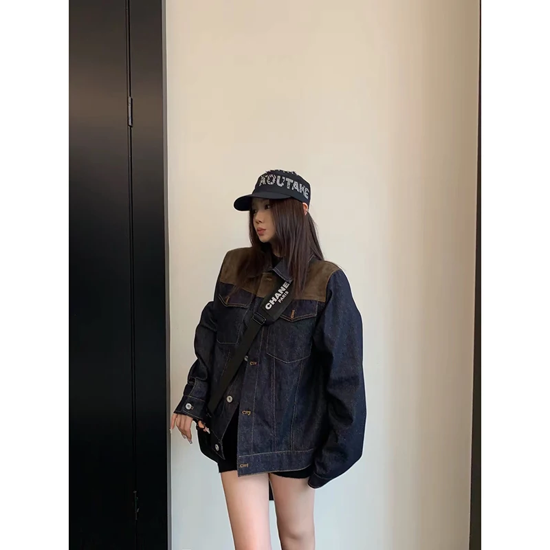 YIBASHU Autumn Winter Women Black Splice Denim Jacket American Retro Y2k 2000s Gothic Casual Cargo Jacket Cowboy Outwear Tide