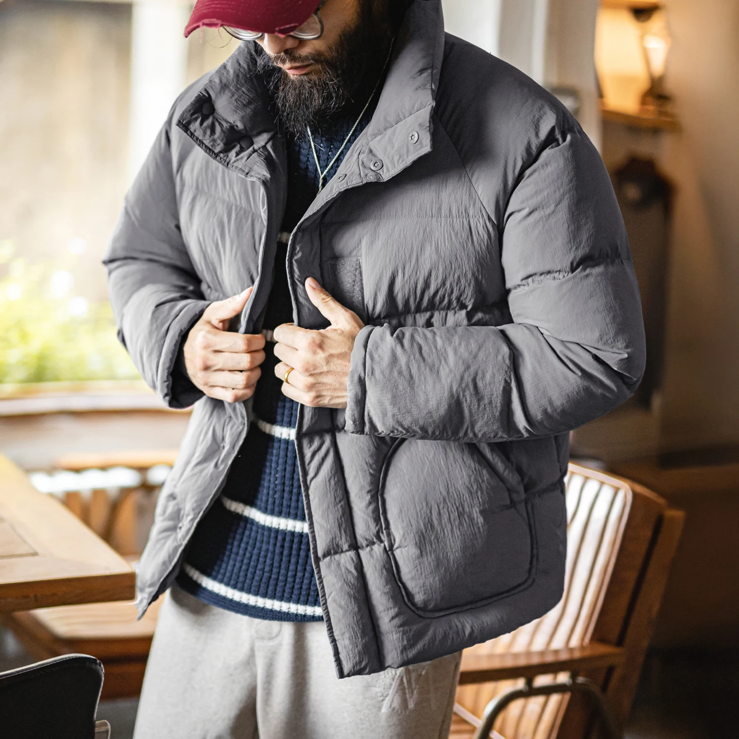 

Maden Men’s Vintage American Gray Padded Jacket Thick Warm Casual Short Coat Raglan Sleeve Stand Collar Winter Outerwear