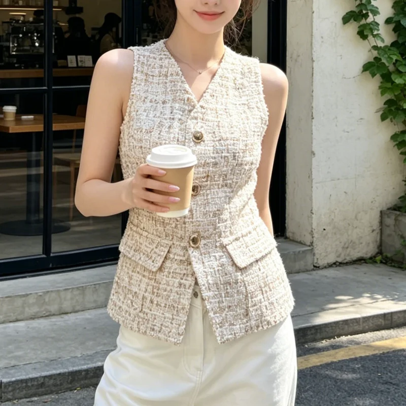 High Quality Small Fragrance Simple Lady Coat Women's Vest Fashion Tweed Vintage Wine French Elegant Vest Female Top