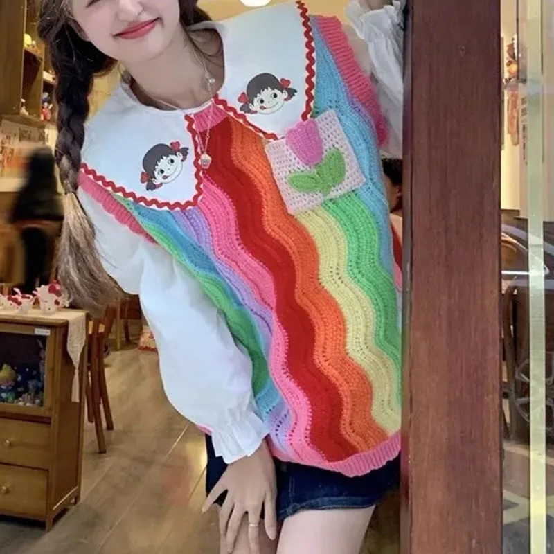 Rainbow Stripes Woman Sweater Vest O Neck Loose Knitwear Sleeveless Jacket Female Korean Women Waistcoat casual tops Autumn