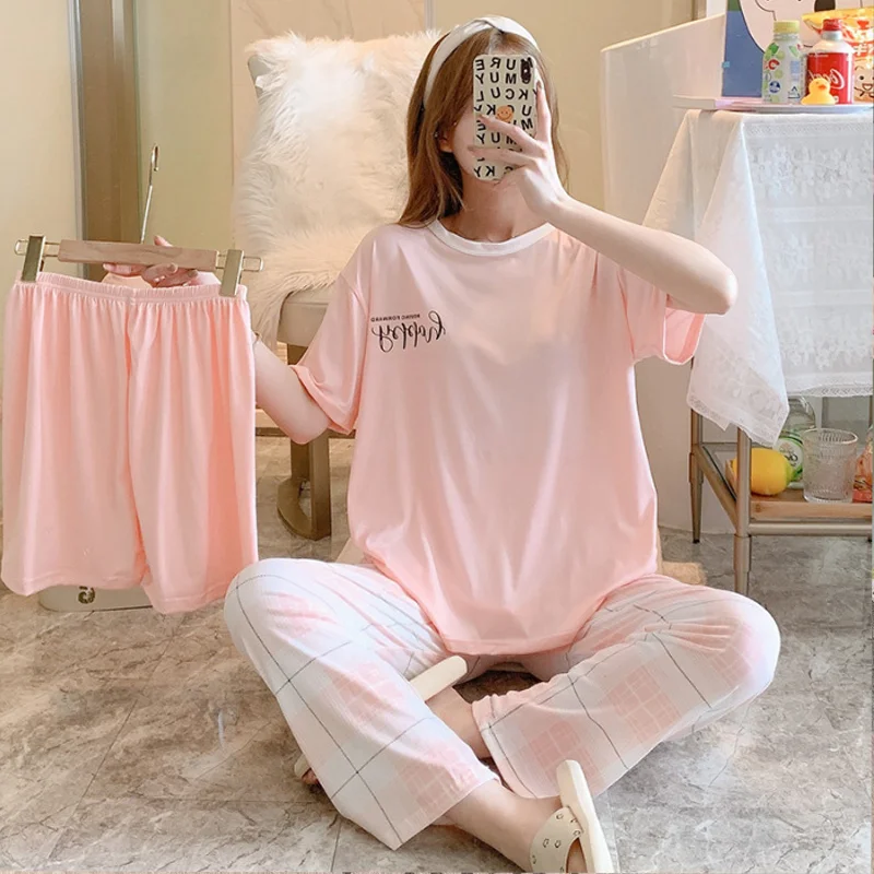 3Pcs/set All Season Ladies Three Piece Pajamas Solid Color Basic Top Plaid Pants Loose Fit Comfort Sleeping Suit