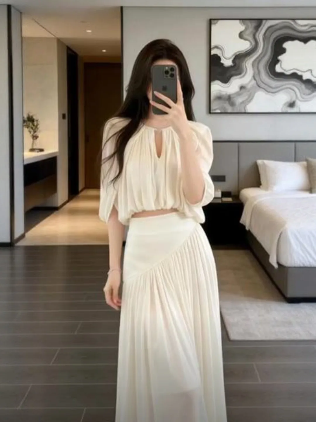 

Spring 2026 Women's Gentle Sle Two-Piece Set ort Sve T-irt And Long Skirt Comfortable Cotton High Waist Casual Wear