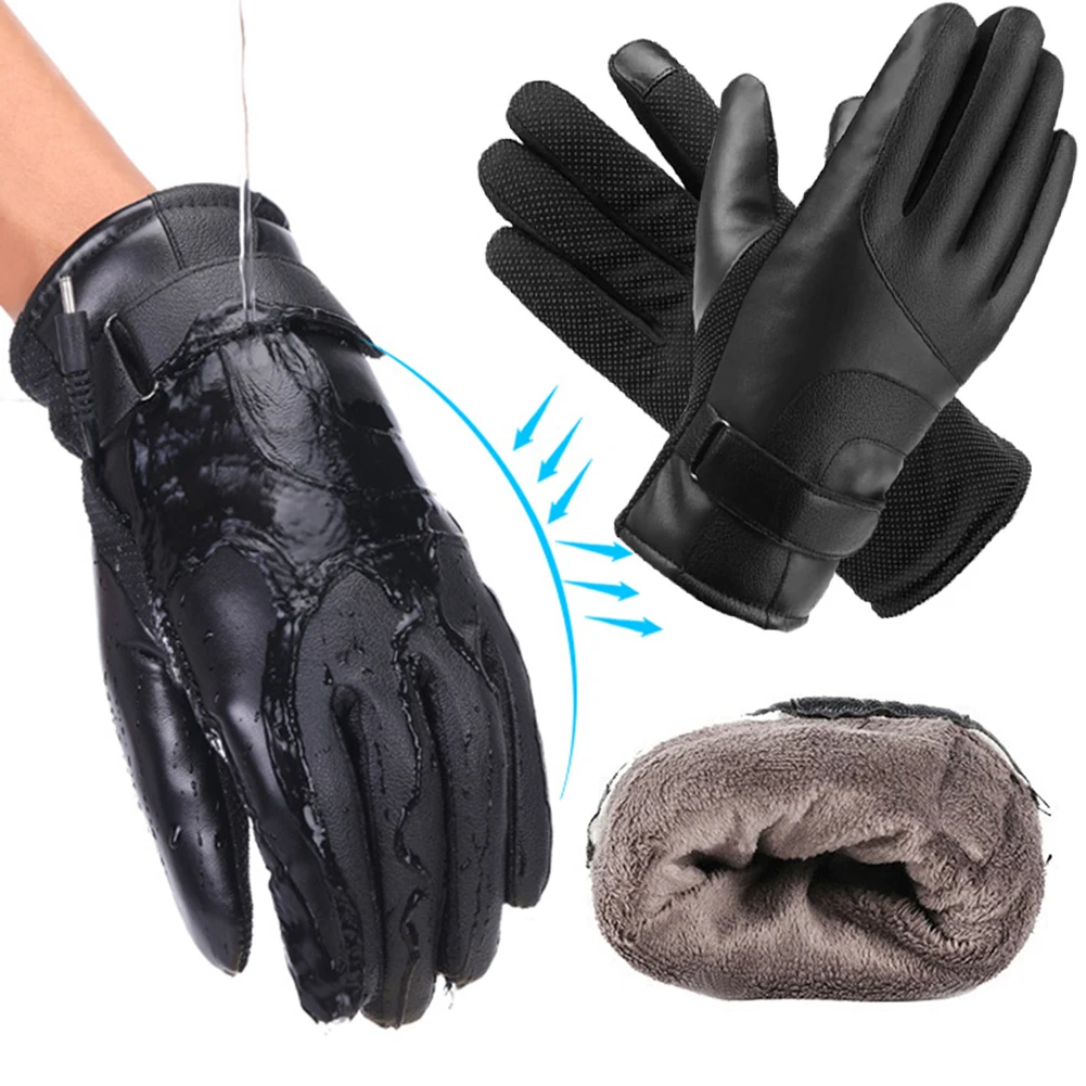 Winter Electric Warming Gloves Leather Heating Gloves Soft Winter Outdoor Warm Gloves Waterproof for Fishing Riding Cycling