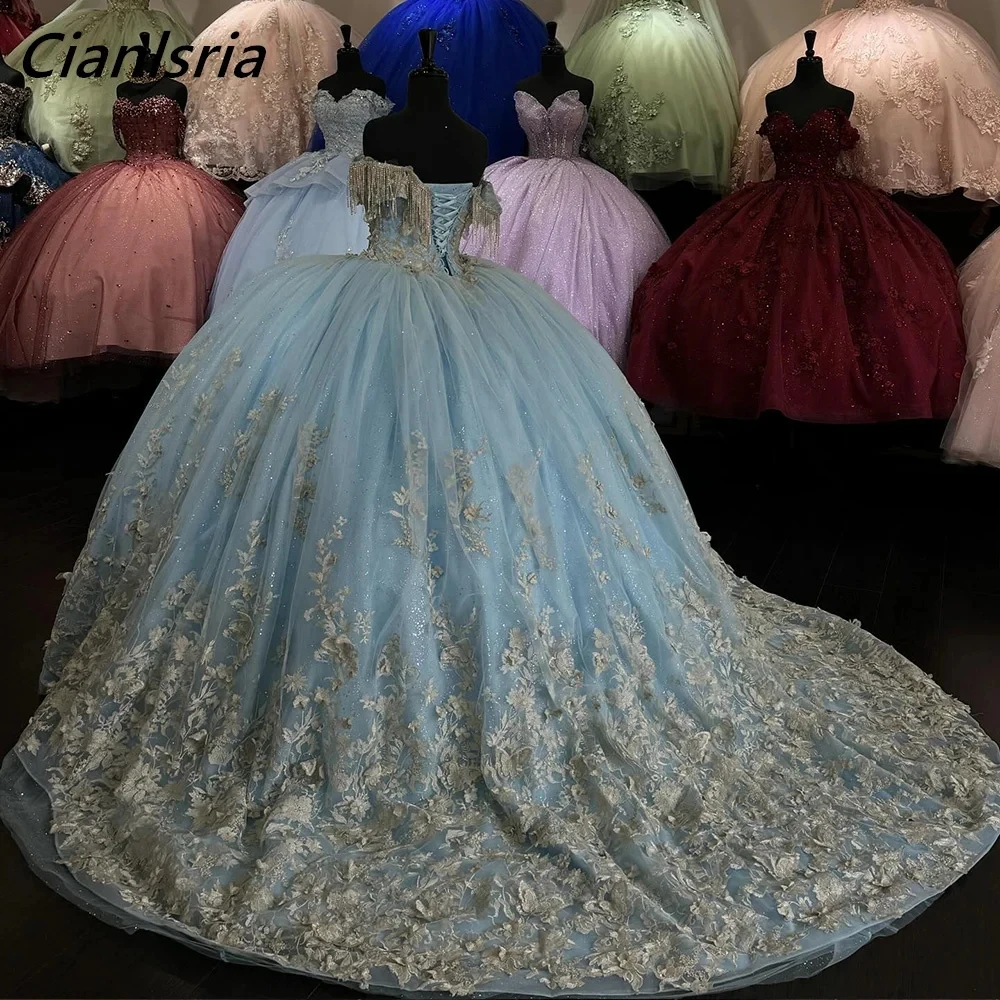 Azzurro Off The Shoulder perline nappa Ball Gown Quinceanera abiti Appliques floreali corsetto di pizzo Vestidos De 15 asenos