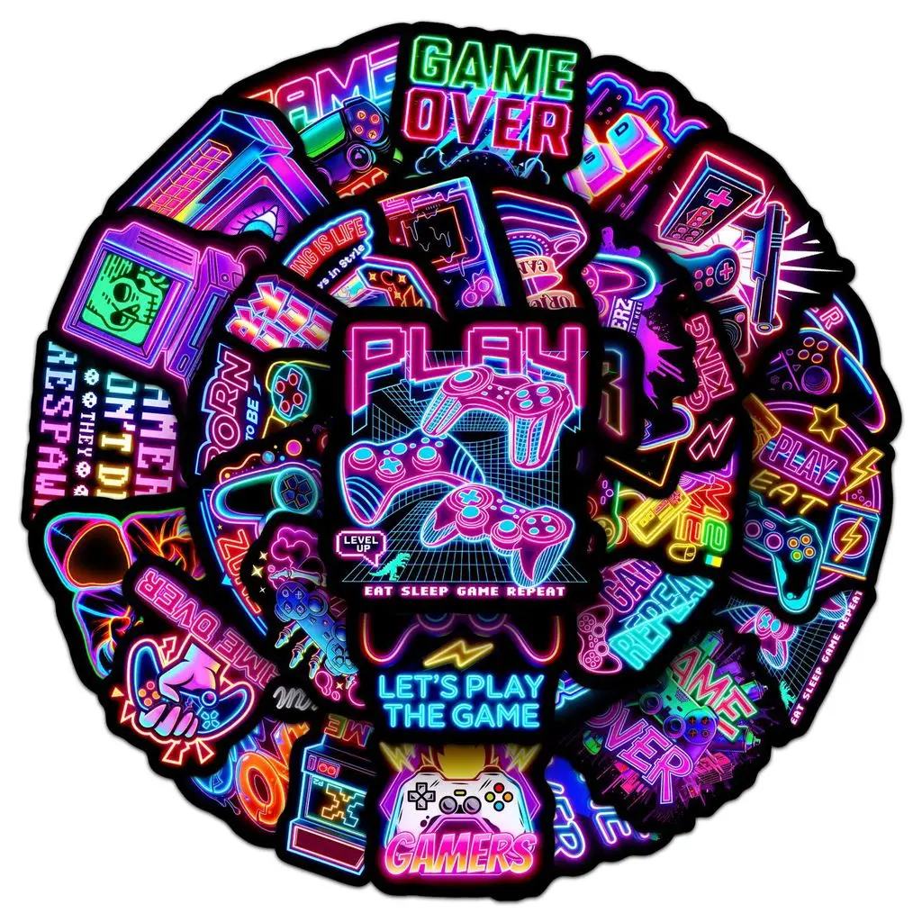 50Pcs Neon Game Graffiti Stickers Trendy Colorful Game Controller Waterproof Decals for Guitar Car LanLanStickersWorld Store