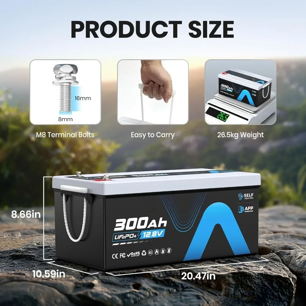 Bateria de lítio Bluetooth LiFePO4 12V 300AH com autoaquecimento, BMS 200A integrado, suporta carregamento de baixa temperatura (4 ° F)