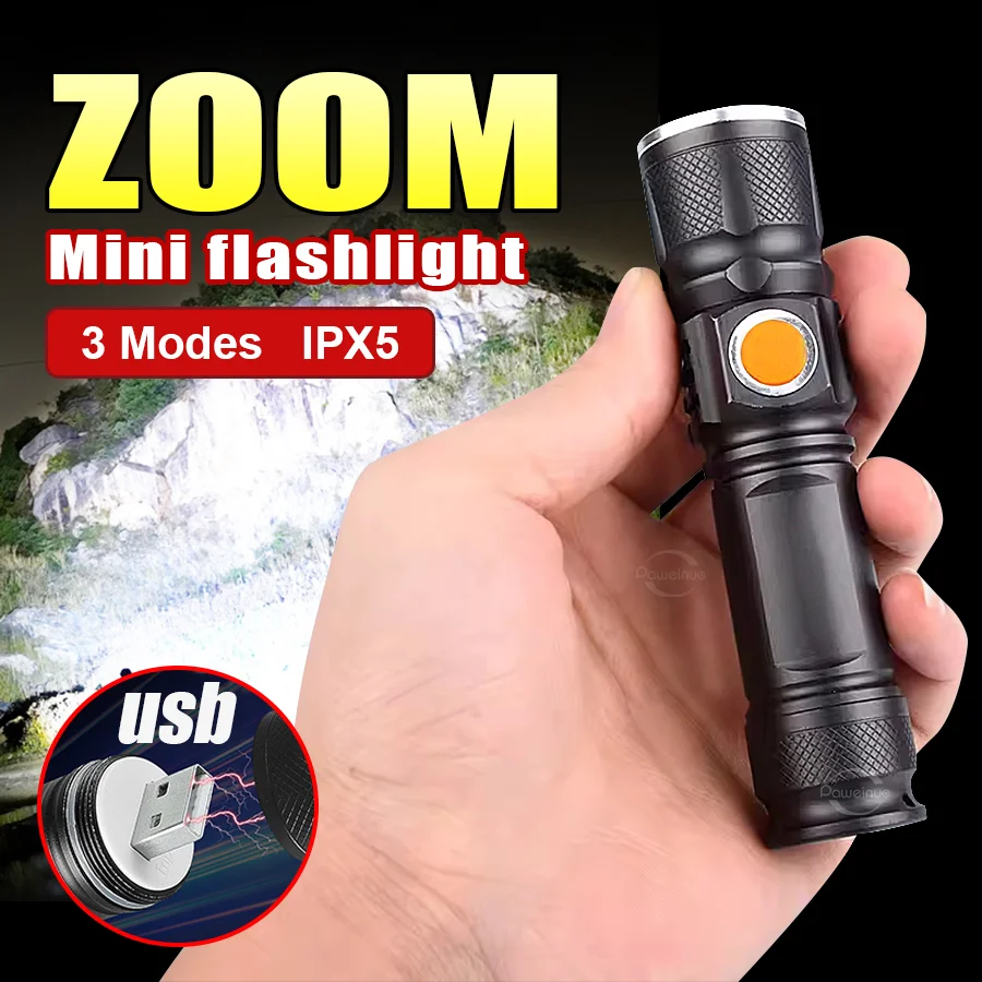 

Mini LED Flashlight Mini Flash USB Rechargeable Camping Outdoor Light Waterproof Zoom Flashlight Portable Rechargeable Flashligh