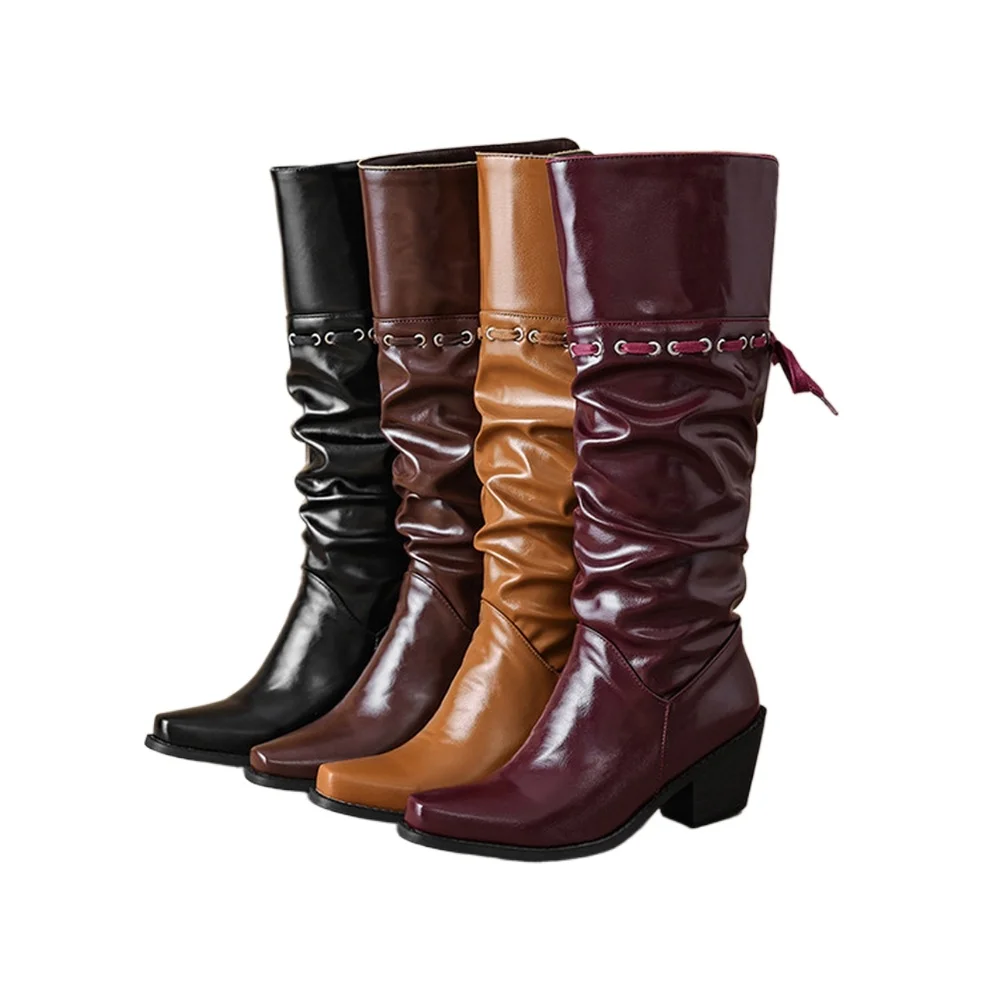 Women Western Knee‑High Boots 6.5cm Block Heel Pleated Tall Boots PU Leather Casual Shoes 34‑43 B-7