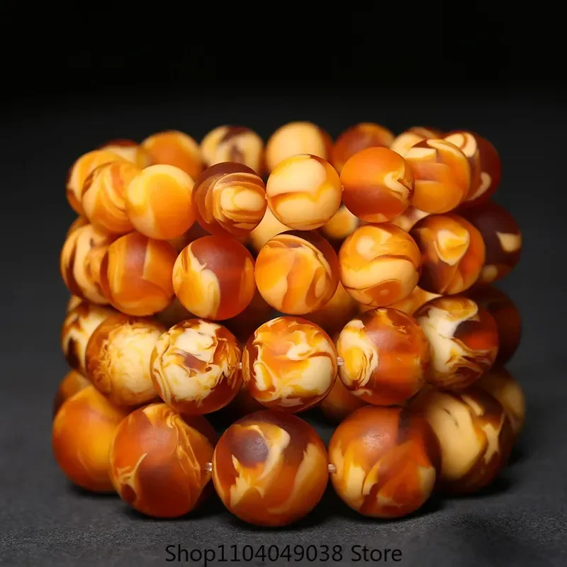 Beeswax antique Russian raw stone flower old honey wax hand string honey wax amber frosted round bead bracelet for men