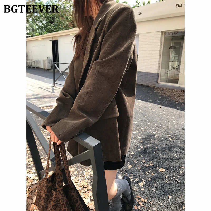 BGTEEVER Vintage Long Sleeve Ladies Double Breasted Blazer Stylish Loose Corduroy Suit Jackets for Women Autumn Winter