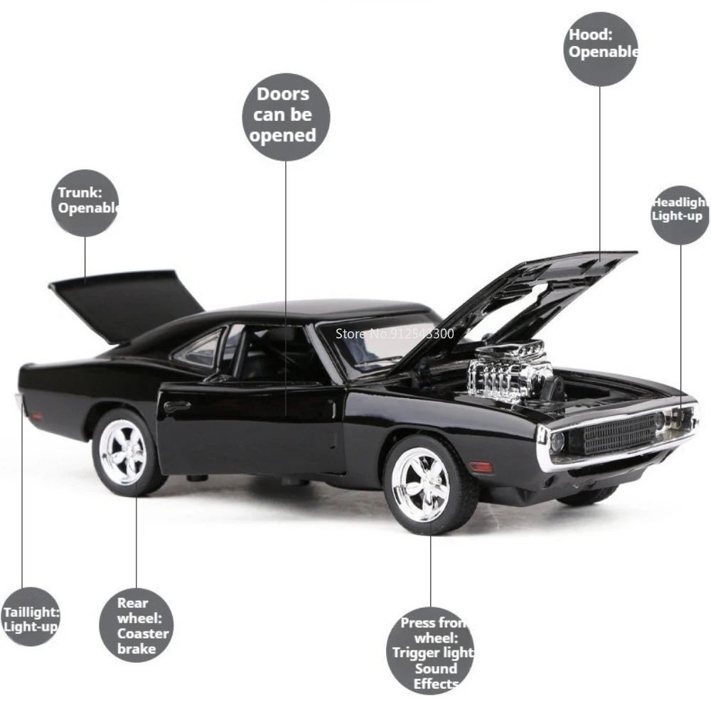 1:32 1970 Charger Car Model Toy Doors Opened Sound Light Models Pull Back Vehicle for Child Birthday Gifts