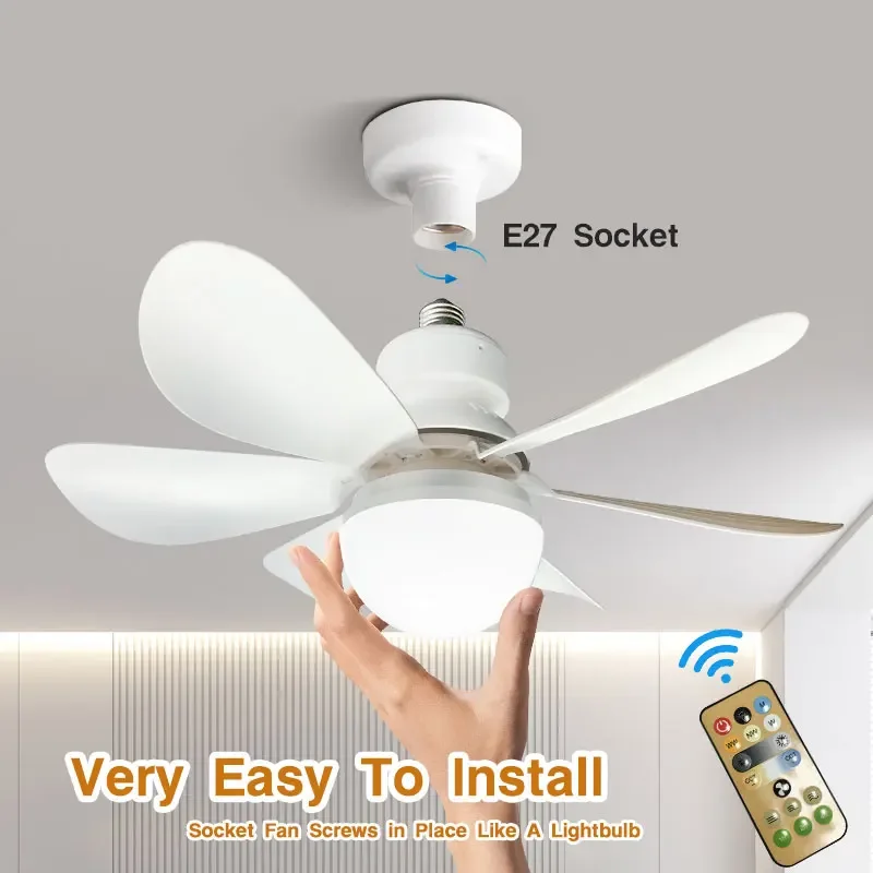 

Fan Lamps Socket LED Dimmable Ceiling Fans with Remote Control 3 Speeds Wind Timing Ceiling Fan with Tricolor LED Lights
