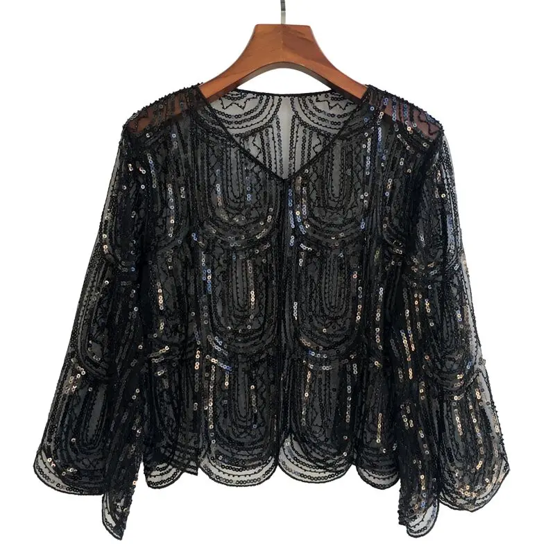 2023 Summer Thin Fashion Mid-sleeve Sequin Cardigan With Skirt Mesh Breathable Skin-friendly Heavy Craft Beaded Female Jacket