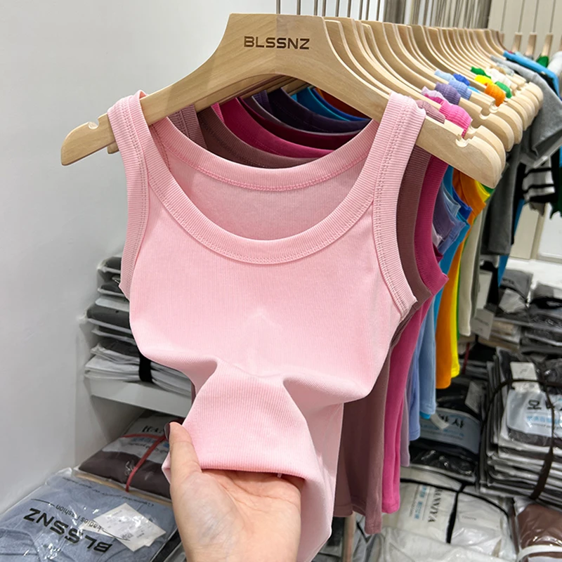 

Женская однотонная майка в рубчик с круглым вырезом, женская майка на бретельках, лето 2025 г., базовая эластичная майка с круглым вырезом, однотонная майка