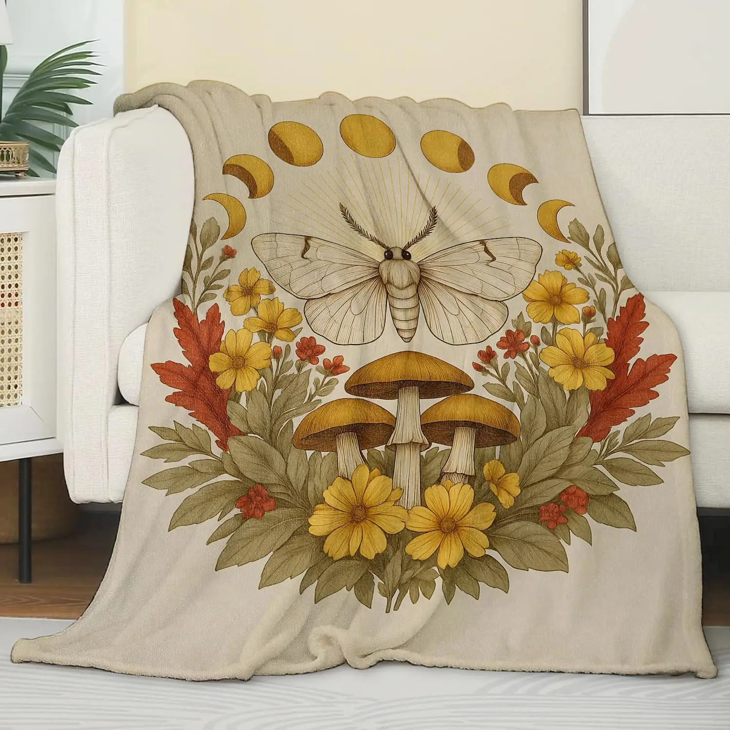 Moth blanket moon phases mushroom floral design soft throw boho decor bedroom textile mystical art cozy accessory