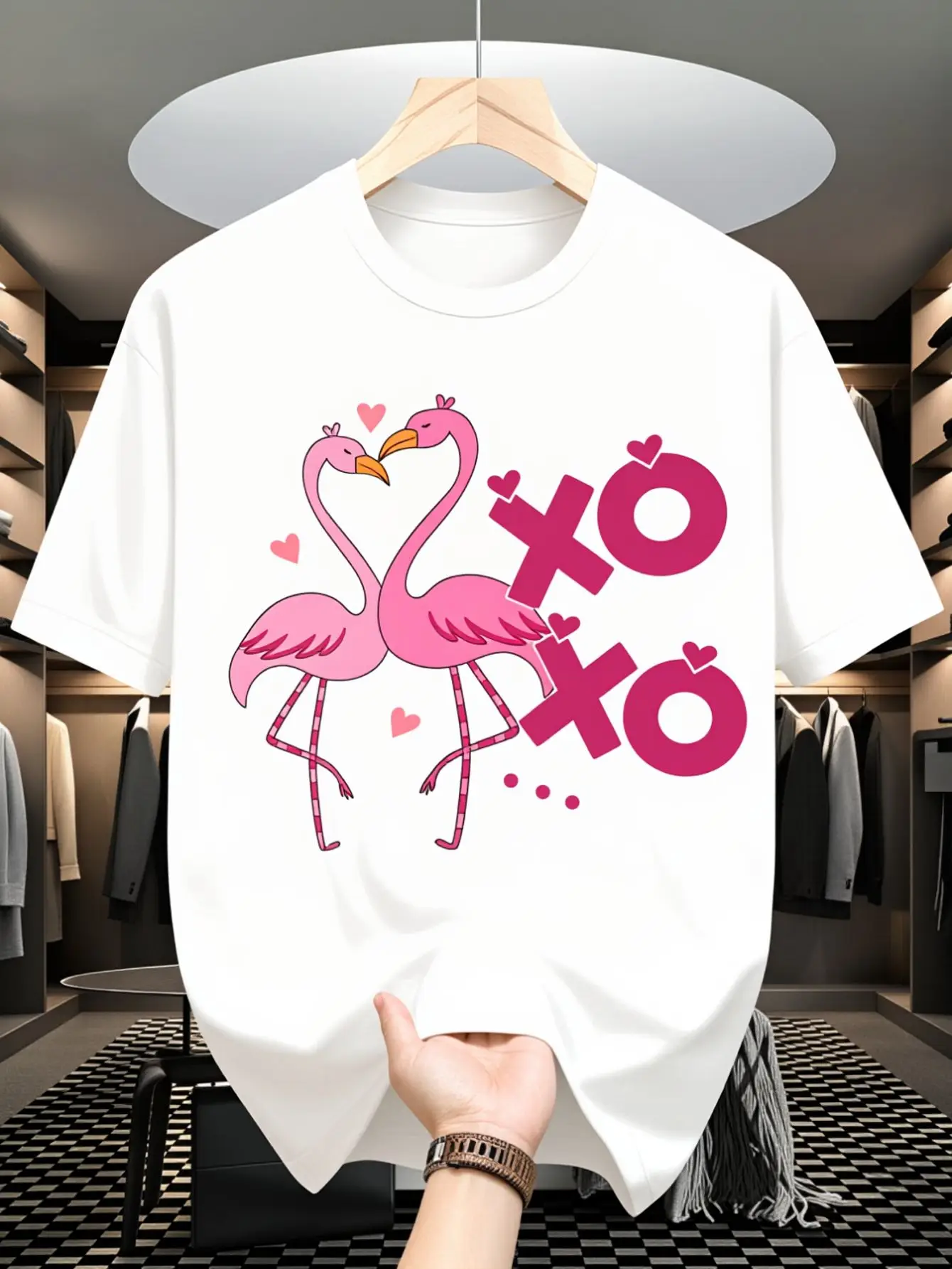 Camiseta para hombre, camiseta de regalo de San Valentín con diseño de pareja de flamencos Xo Xo para parejas, diseño romántico, ropa para el día de San Valentín, es perfecta para regalar a amigos o familiares como regalo navideño, 220 g