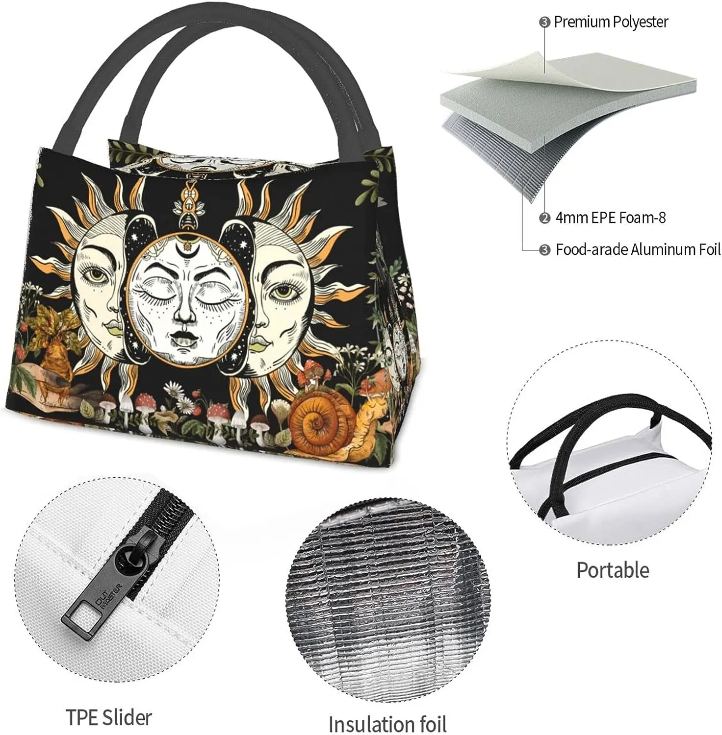 Sun God Witchcraft Mushroom Insulated Lunch Bags for Women Men Reusable Lunch Cooler Bags Tote Box Meal Prep for Work