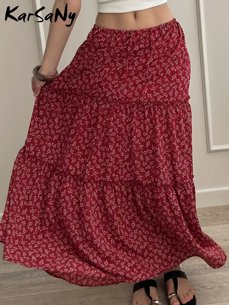 KarSaNy Floral Long Skirts For Women Summer A Line Pockets Maxi Bohemian Skirt Ladies Elastic Waist Women's Beach Skirts Floral