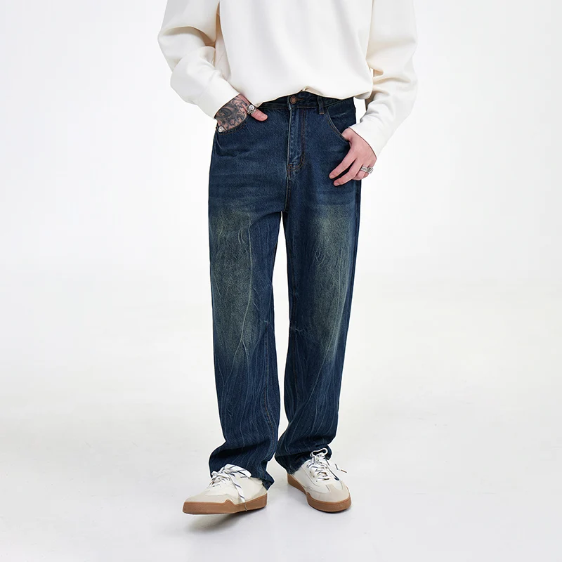 

Осень-зима 202, новые прямые джинсы, мужские свободные модные брендовые американские уличные толстые мягкие джинсовые широкие брюки
