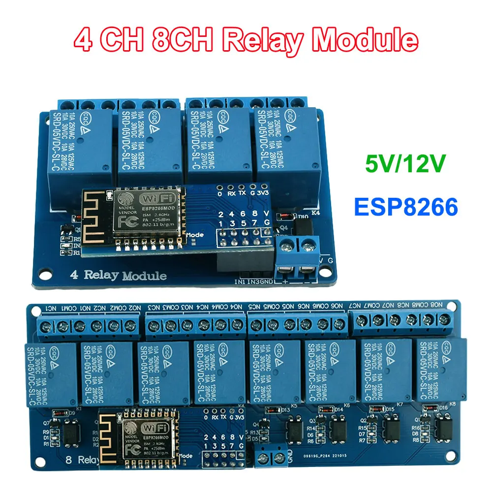 4 Channel 8CH Relay Module 5V 12V High Level Trigger with Optocoupler Isolation Relay Onboard ESP8266 module WIFI relay module