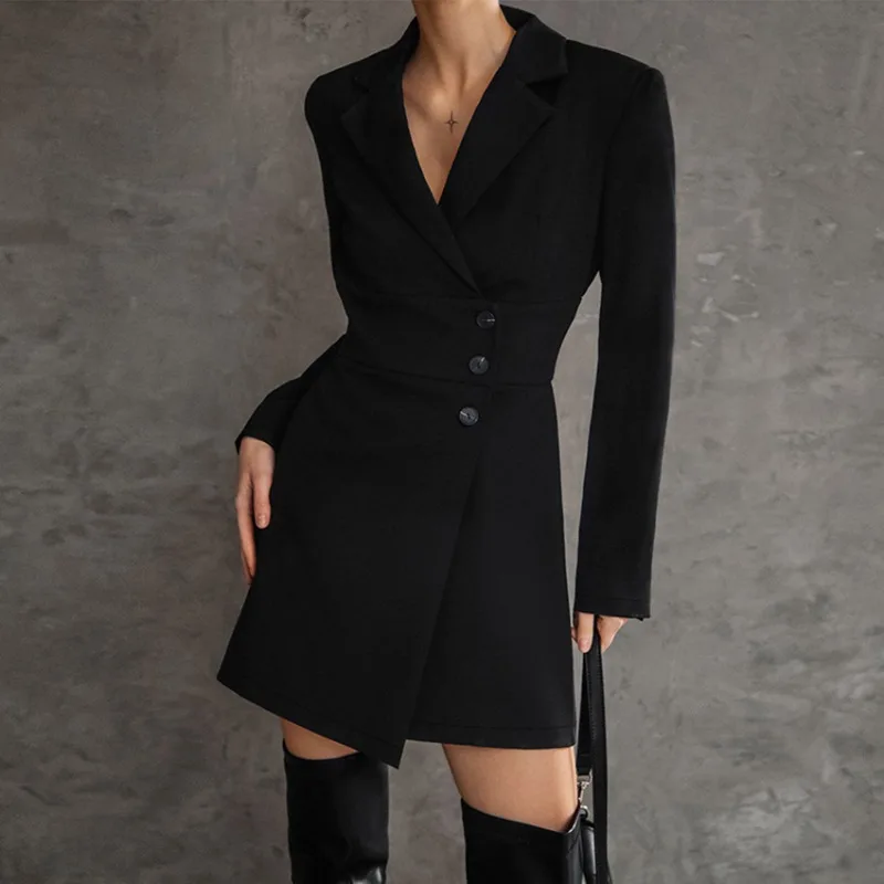 Robe blazer taille haute à manches longues pour femmes, élégante, noire, mode, tempérament, commconsult