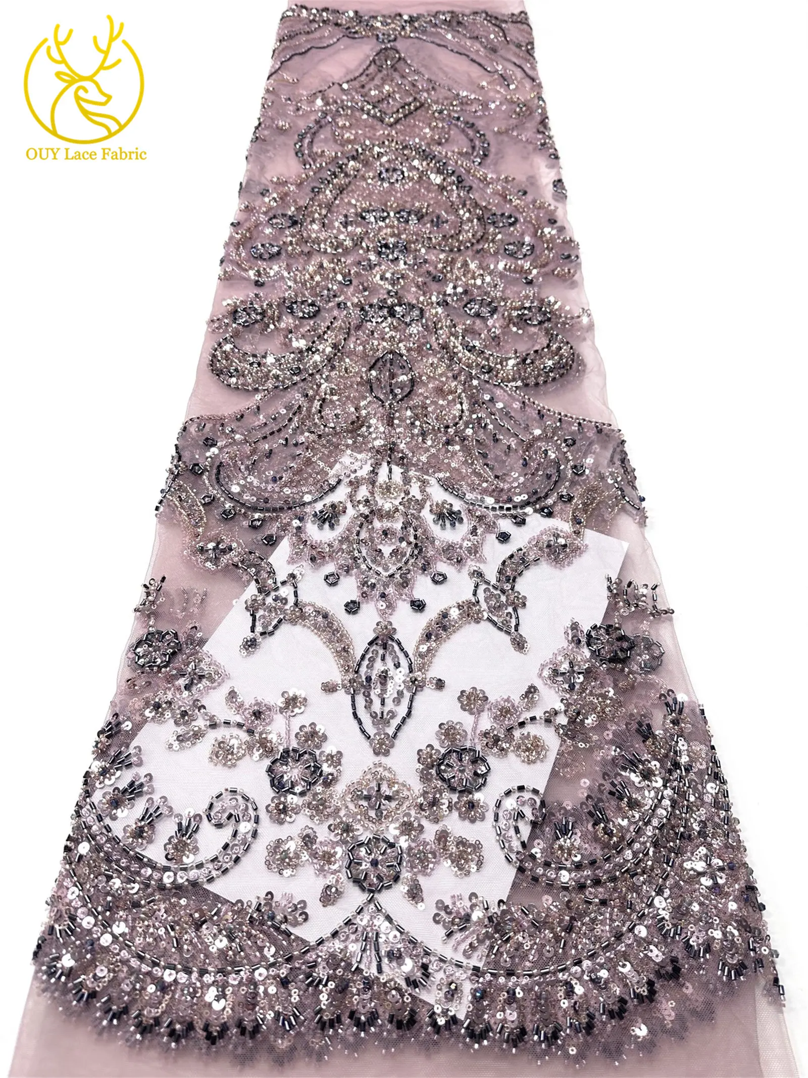 Pfirsichfarbener, hochwertiger, eleganter afrikanischer Brautkleidstoff mit Stickerei und Perlen, 2026 Nigerianische Pailletten-Spitze für Abendkleider und Hochzeitskleider zum Nähen – Detail 14