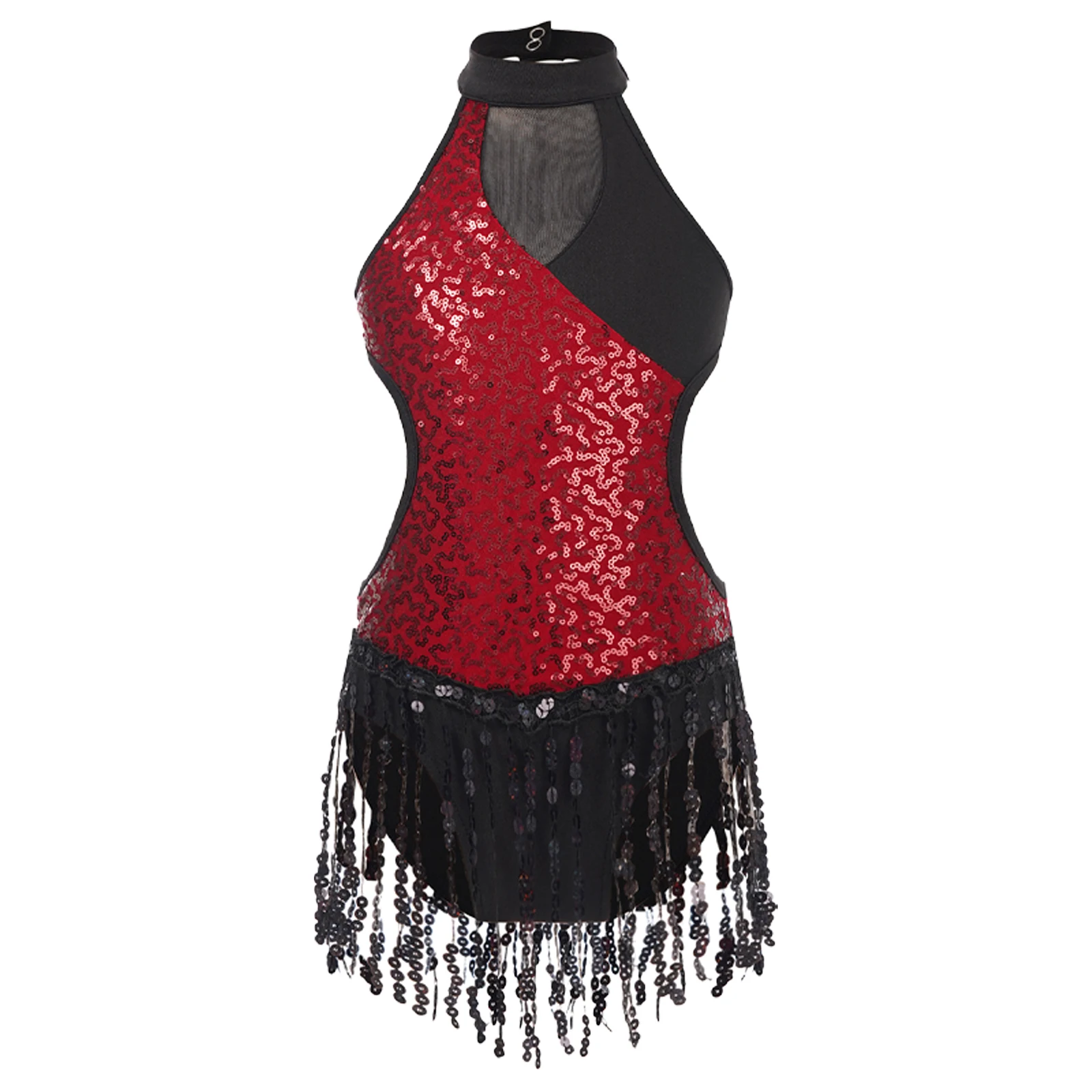 Kids Girl Latin Ballet Dance Performance Costume Cutout Sleeveless Fringed Bodysuit Sparkly Sequin Color Block Patchwork Leotard