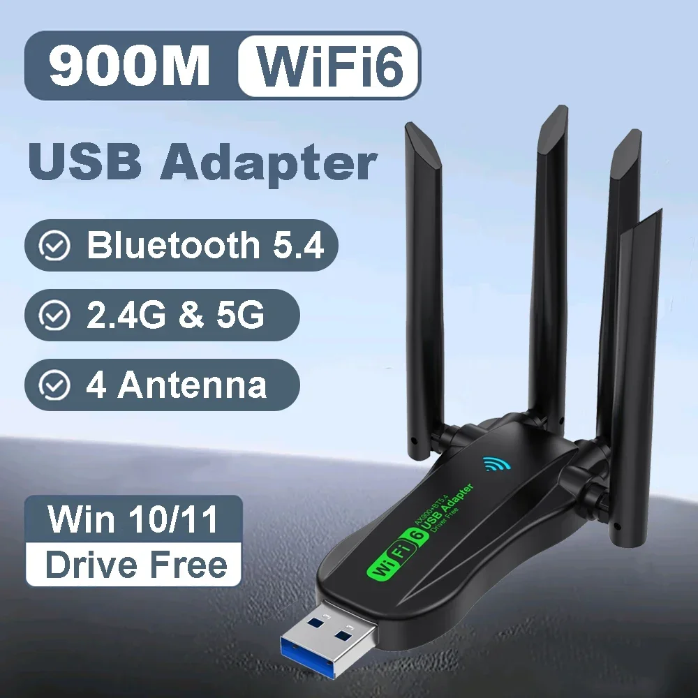 

AX900 WiFi 6 USB Adapter Dual Band 2.4G 5G Network Card Bluetooth 5.4 Wireless Receiver 4 Gain Antenna Driver Free for Win 10 11