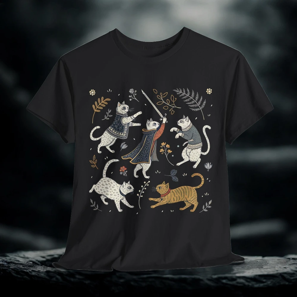 

Medieval Cats Tee Fantasy Graphic T-Shirt Medieval Cat Lover Gift, Cat Lady Shirt Renaissance Feline Tee Casual Breathable Tops