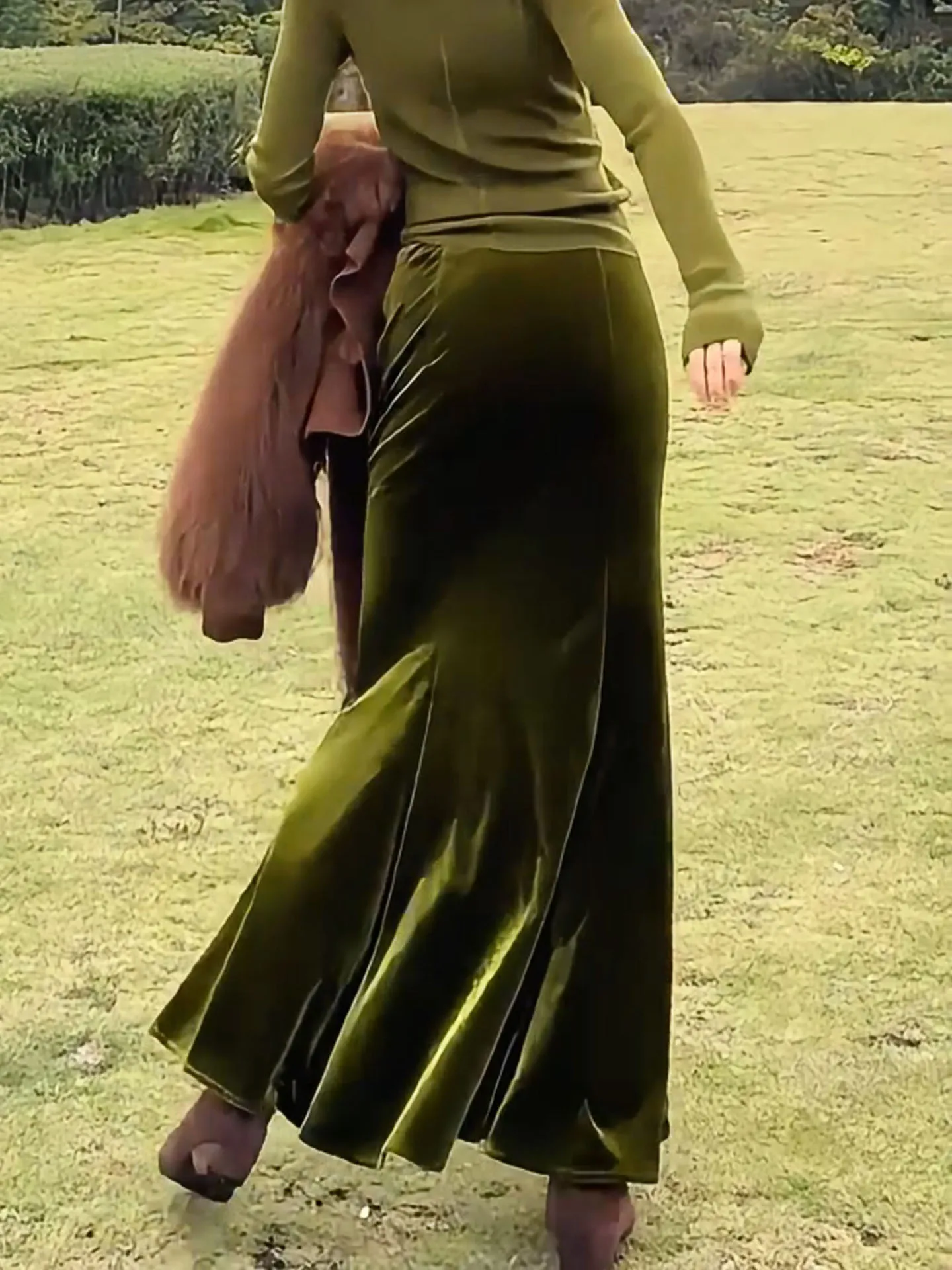 

Retro Olive een Velvet Skirt Autumn Winter New Sle Oil Painting Sle High Waist Slim Fit Long Skirt for plus Size Women