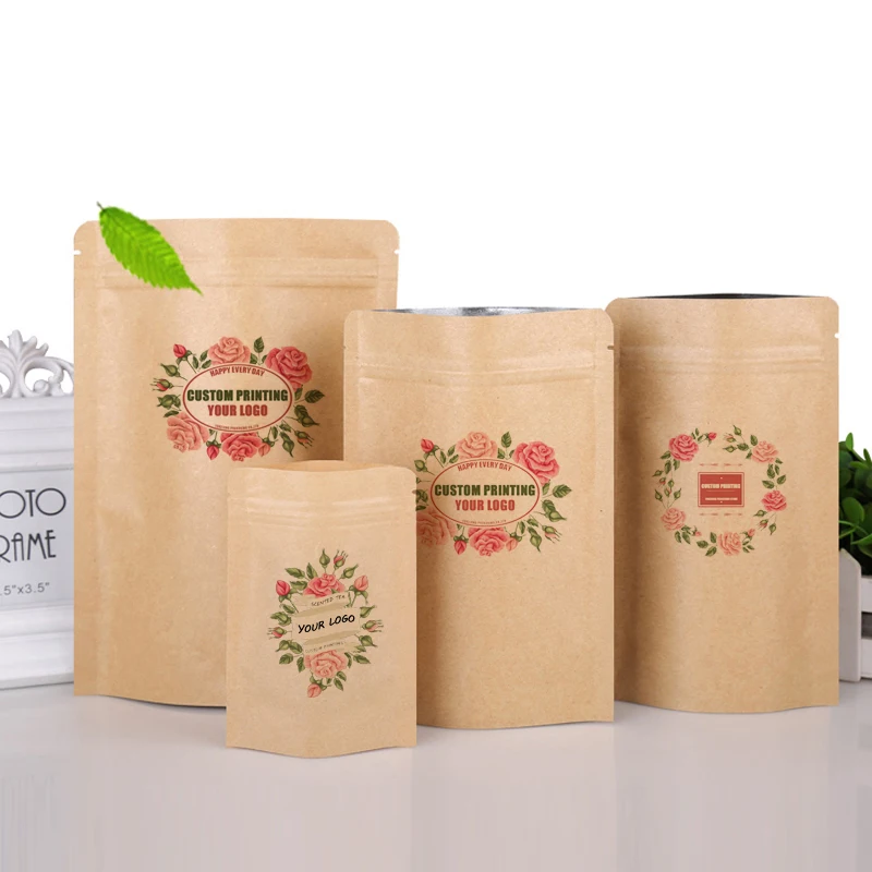 Custom Logo Kraft Paper Nuts Candy Biscuits Tea Self Standing Zipper Packaging Pouch Bags