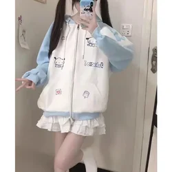 Harajuku Kawaiii Girls' Hoodie with Zipper White Blue Patchwork Y2k Sweatshirt Coat Autumn Spring Subculture Women Loose Hoodies