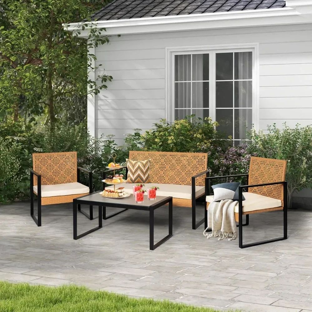 

4 Pieces Wicker Patio Set Outdoor Rattan Bistro Conversation Sets with Chairs and Imitation Marble Tabletop