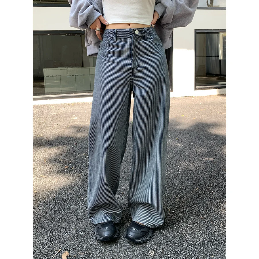 Wearing Casual Pants, Striped Wide Leg Pants, Women's Loose and Versatile Straight Leg Pants