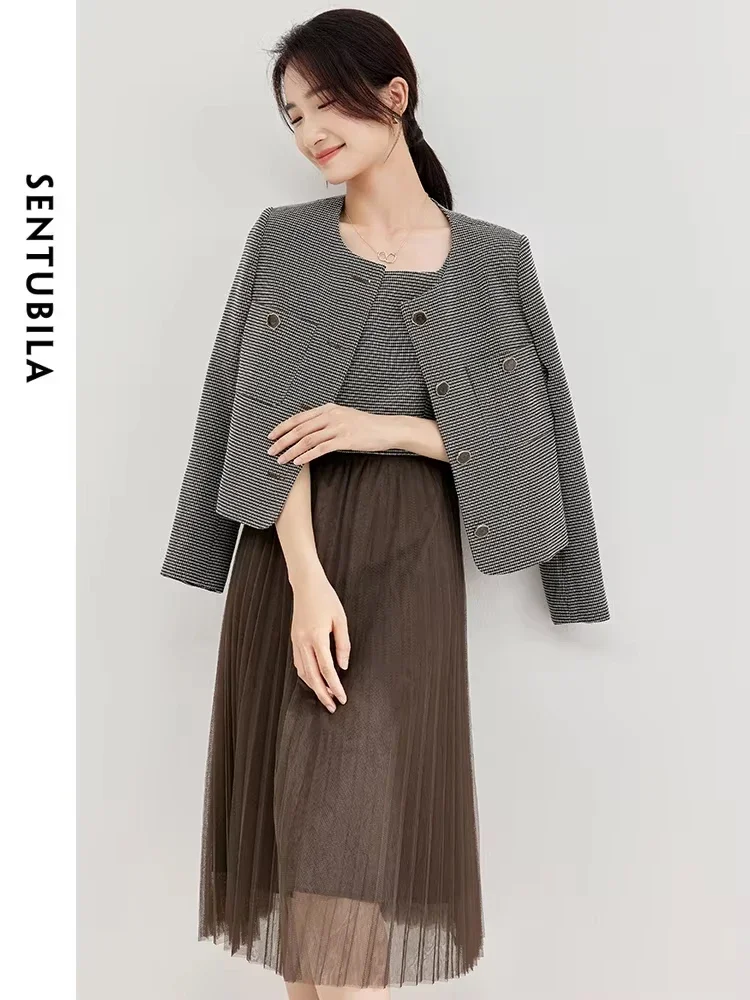 

SENTUBILA Women Tweed Jacket Dress Two Piece Sets Elegant Outfits 2025 Spring Fashion Office Ladies Tank Dresses Sets 133Z50676