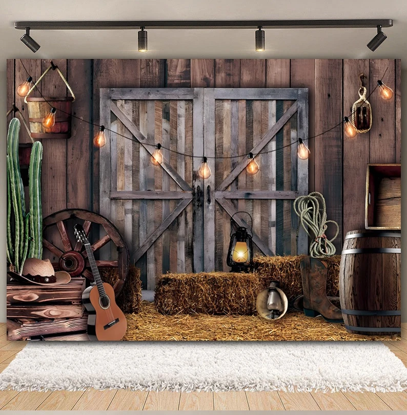 Western Cowboy Background Wild West Farm Barn Wooden Door Horse Haystack Log Cabin Baby Portrait Birthday Party Photo Background