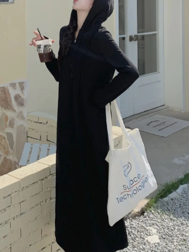 حجم كبير فستان بكم طويل المرأة الخريف كوريا النساء فساتين السيدات رداء Elbise فضفاض مقنعين فستان امرأة Vestidos