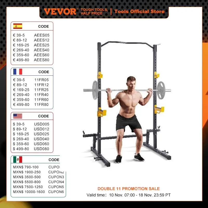 VEVOR Squat Stand Power Rack Multi-Functional Power Rack with Pull up Bar Hook and Weight Plate Storage Attachment 